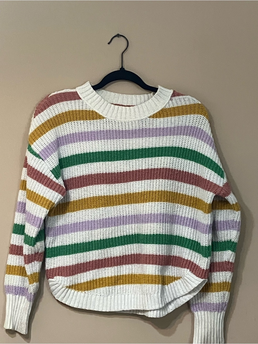 SO Cream Sweater with Green, Mustard, Lavender, and Rose Stripes